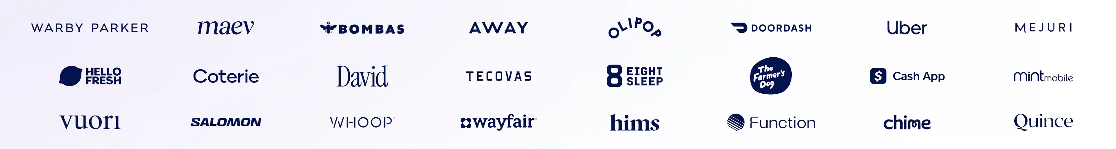 A wall of customer logos on Agentio's website, including Warby Parker, Bombas, Away, Uber, DoorDash, Eight Sleep, WHOOP, and Chime.