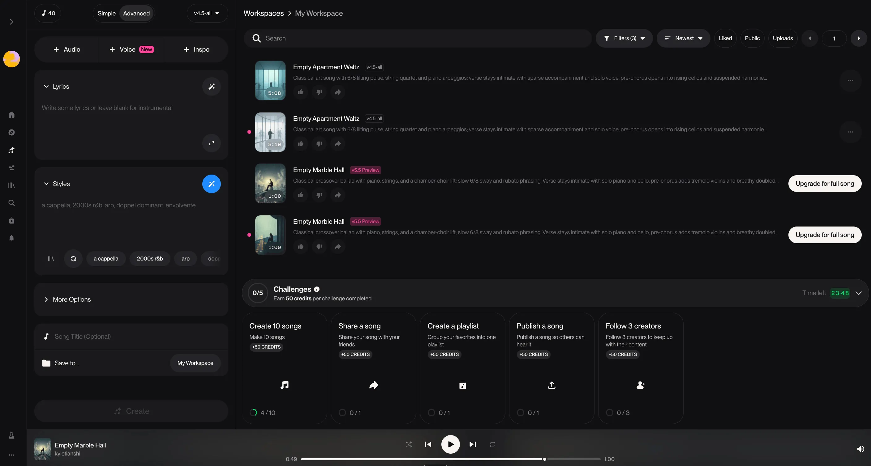 Suno Studio workspace showing AI-generated songs
