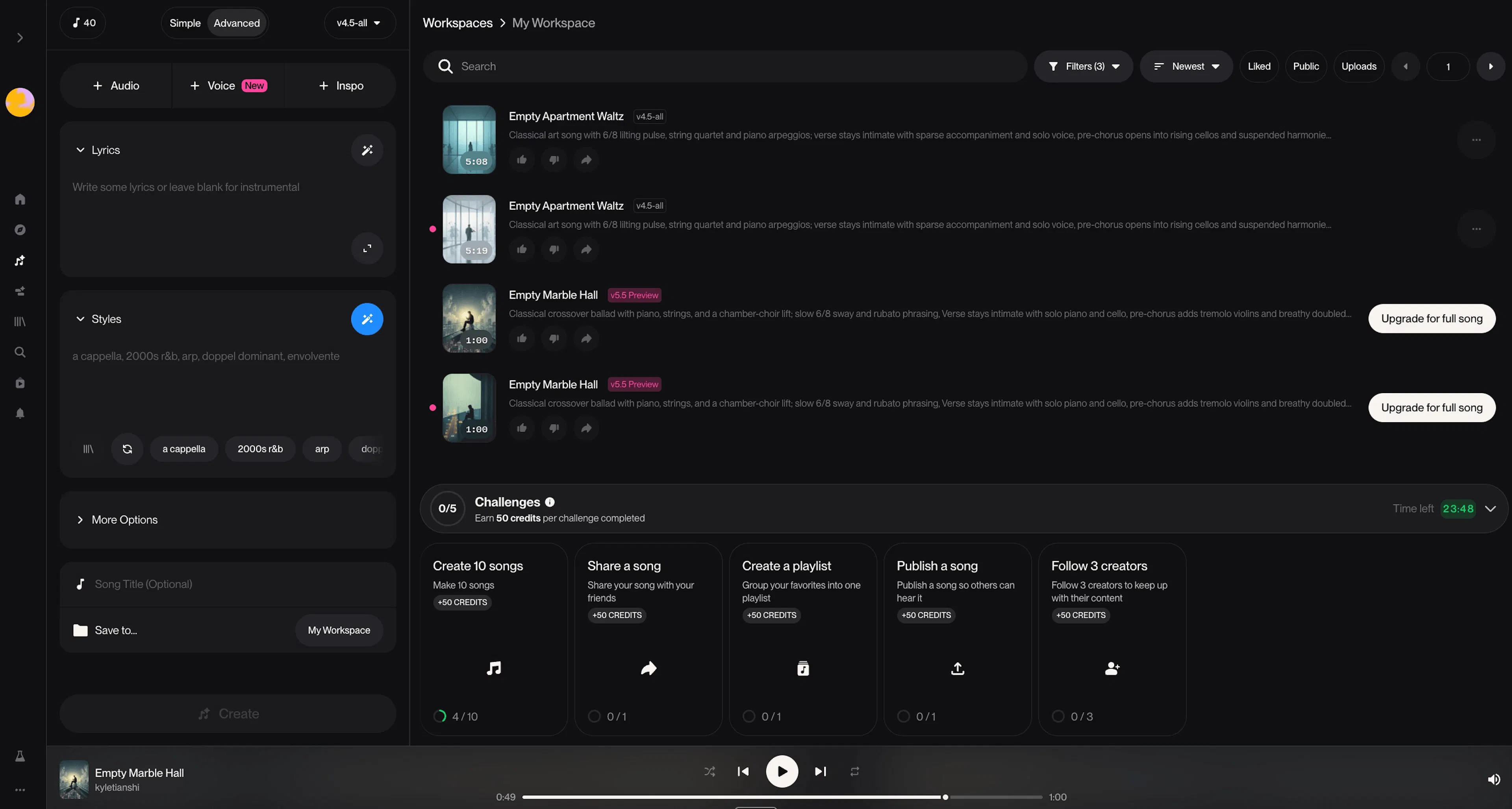 Suno Studio workspace showing AI-generated songs