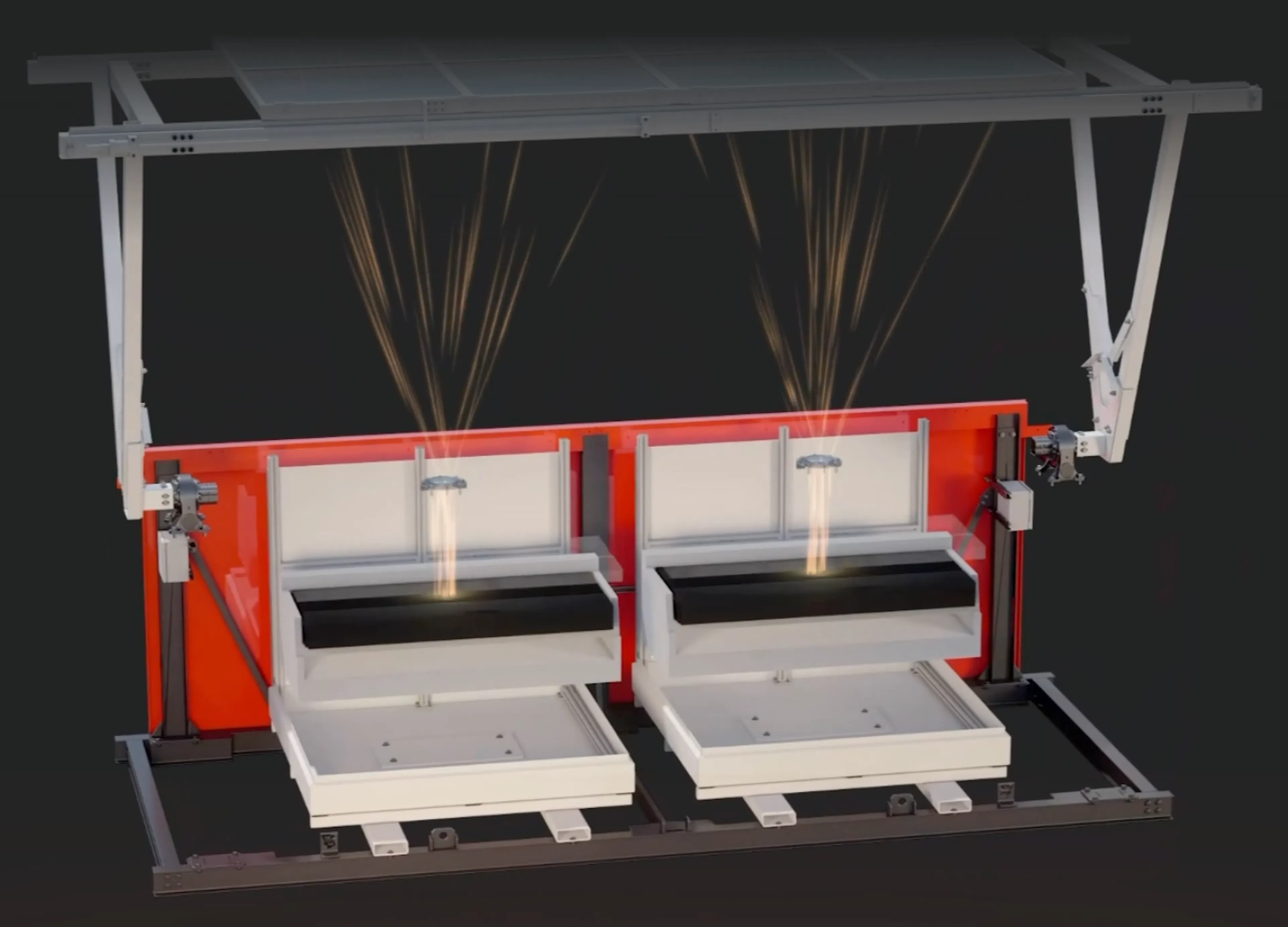 Rendering of the P3's collection stage, with sunlight concentrated through the lenses onto two thermal battery units