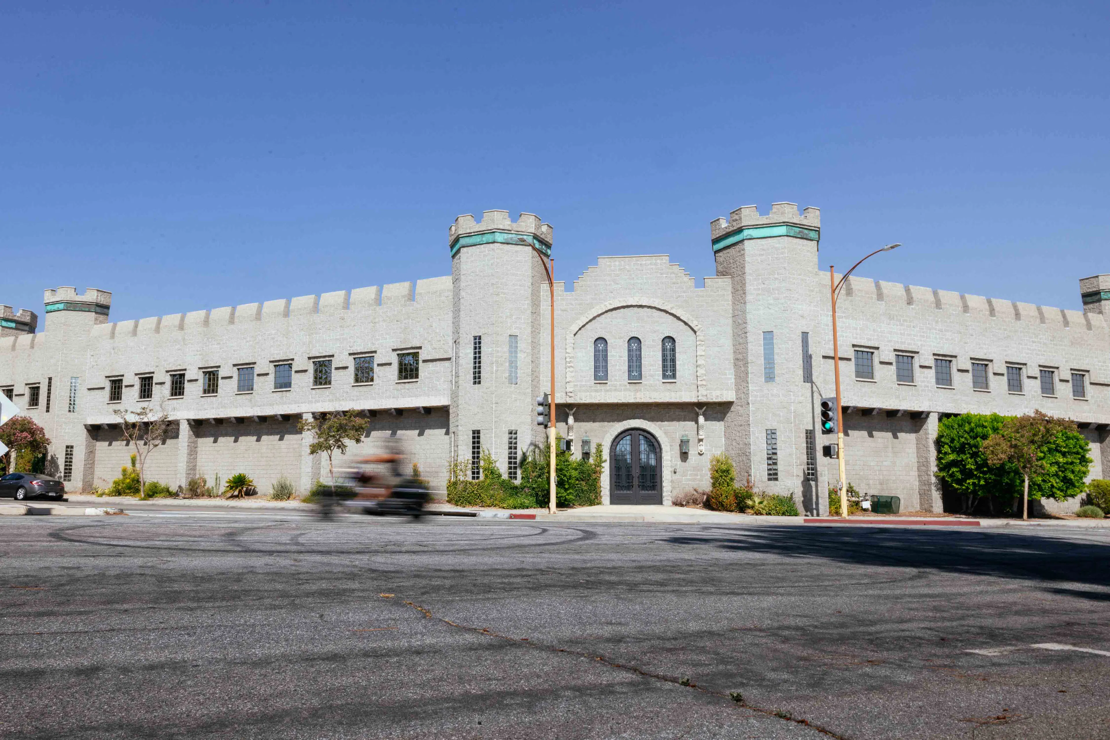 The castle-style building in Burbank, California, that serves as Terraform Industries' headquarters, with crenellated towers and an arched entrance