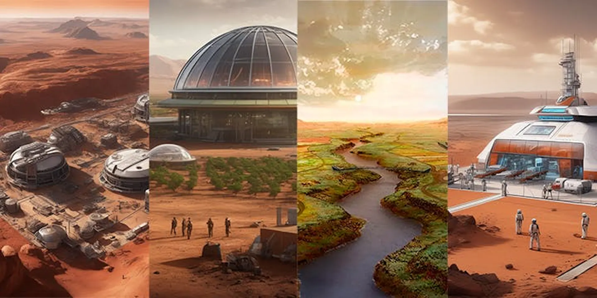 Four-panel sequence imagining Mars terraformed, from bare desert through domed settlement to green river valleys and an open-air colony
