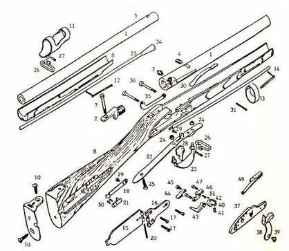 Exploded technical drawing of a musket, every numbered interchangeable part laid out separately