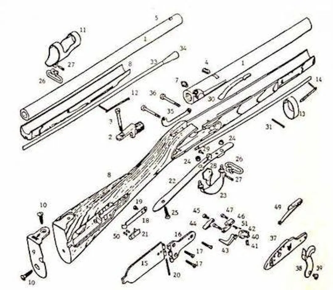 Exploded technical drawing of a musket, every numbered interchangeable part laid out separately