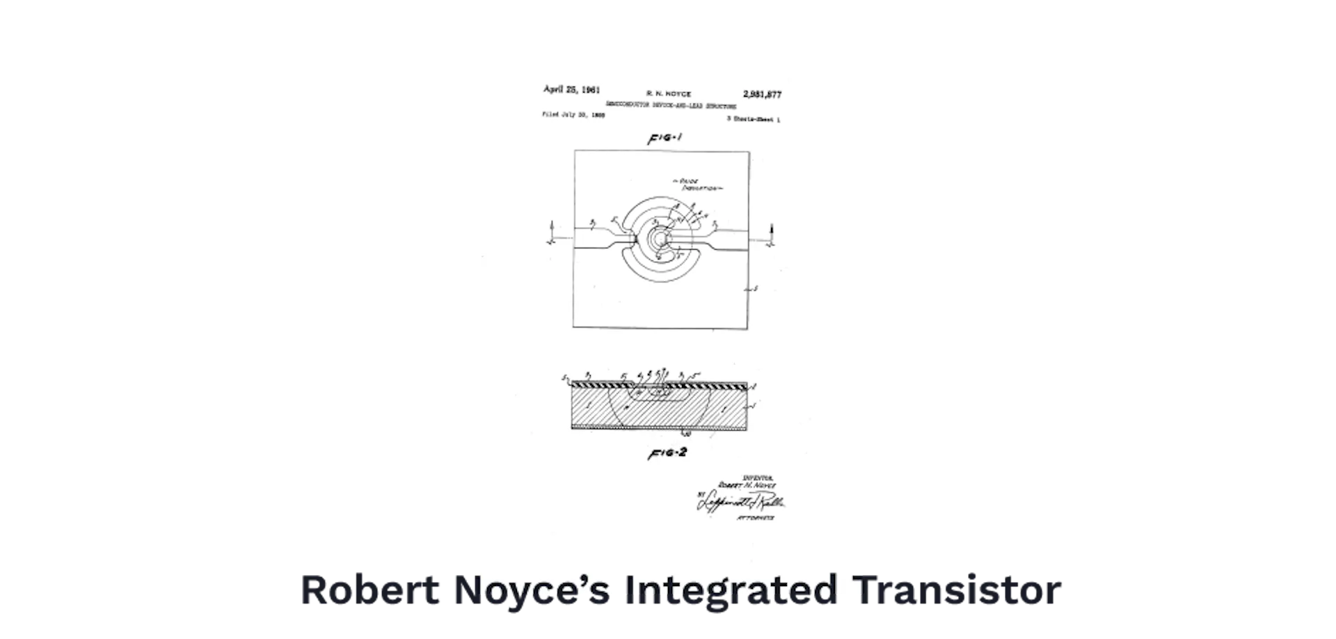 Robert Noyce's patent drawing for the integrated transistor structure