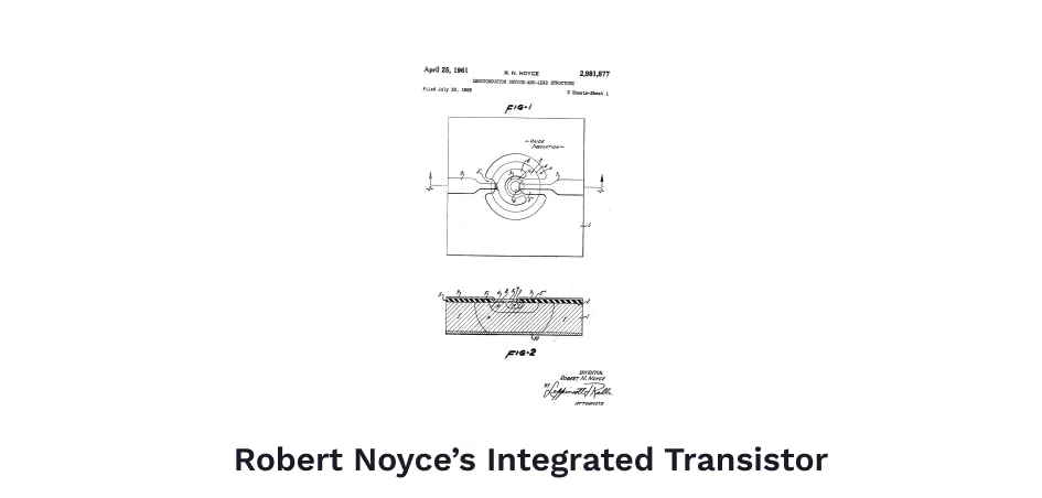 Robert Noyce's patent drawing for the integrated transistor structure