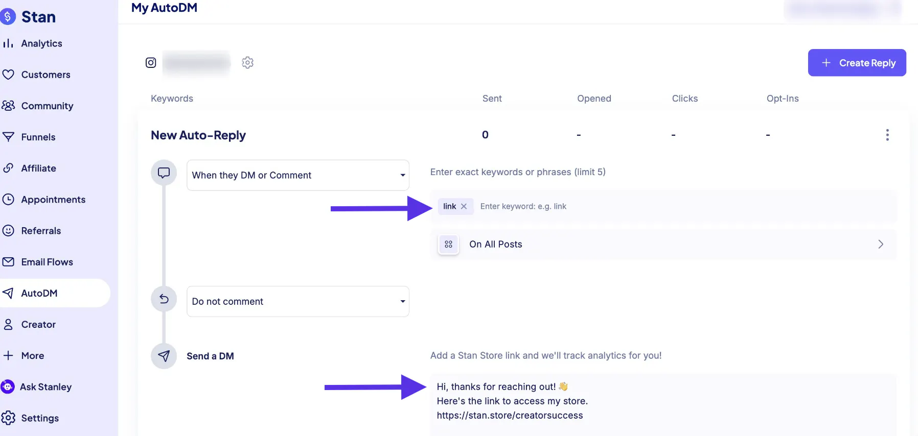 Stan AutoDM's setup screen, where a creator picks the keywords that trigger an automatic Instagram message.
