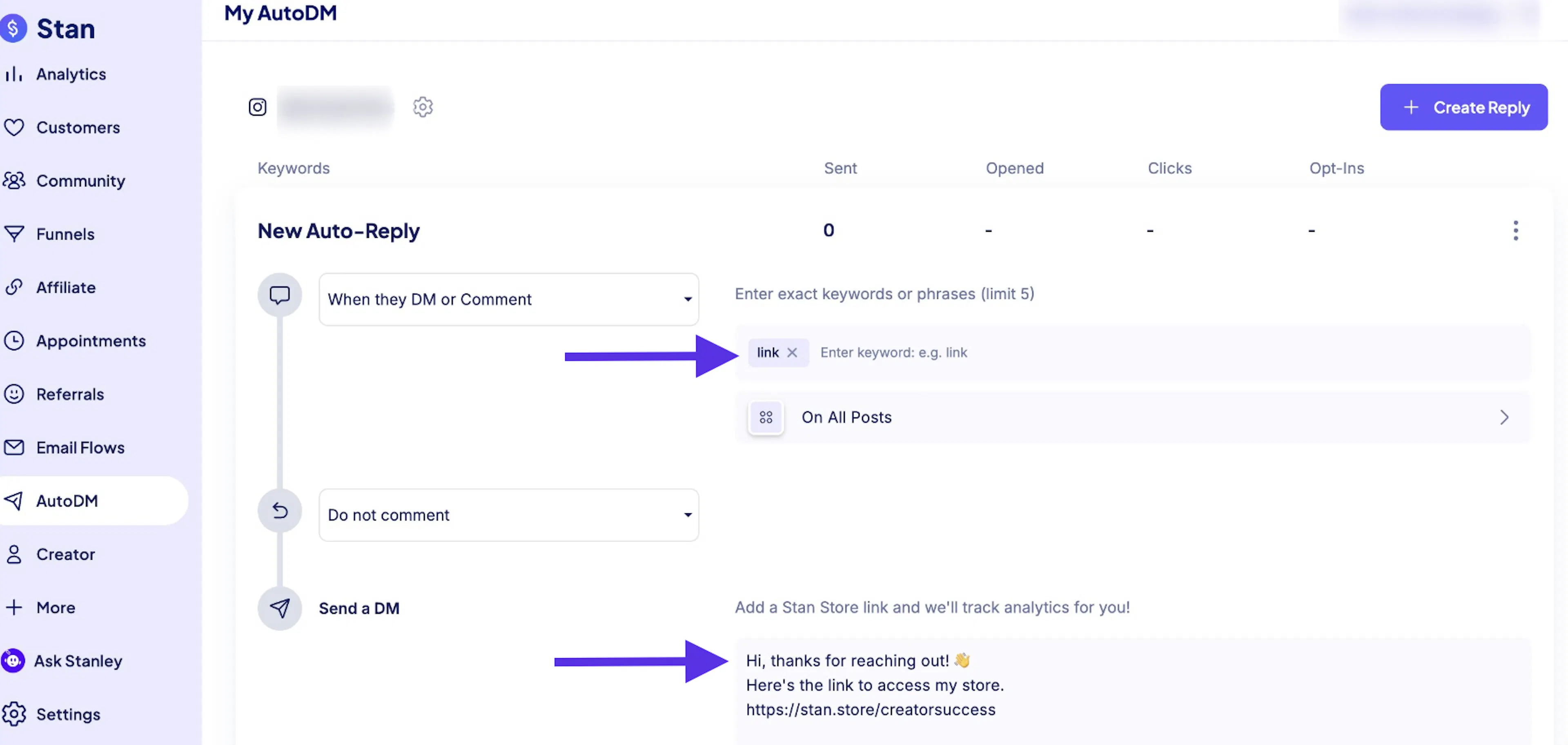 Stan AutoDM's setup screen, where a creator picks the keywords that trigger an automatic Instagram message.