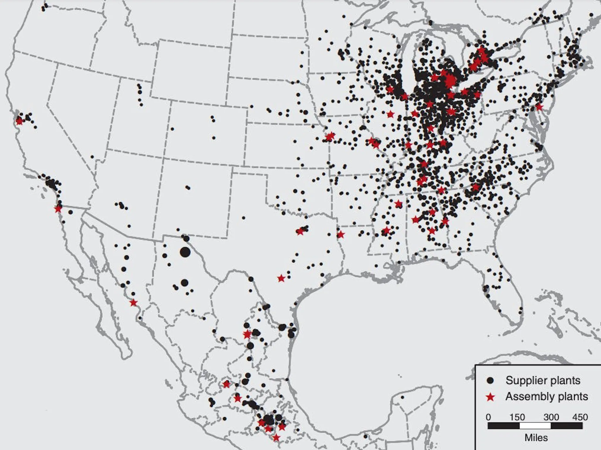 Map of North American automotive supplier and assembly plants, dense clusters through the Midwest and northern Mexico
