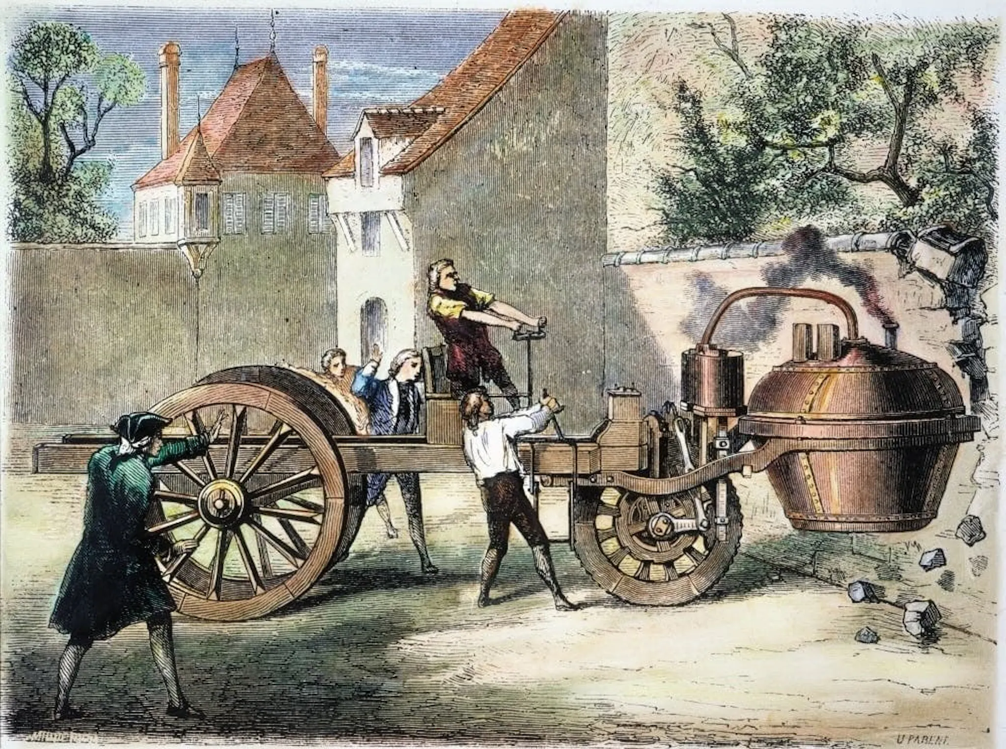 Colour engraving of Cugnot's steam dray, a boiler-fronted three-wheeled wagon being manoeuvred by several men