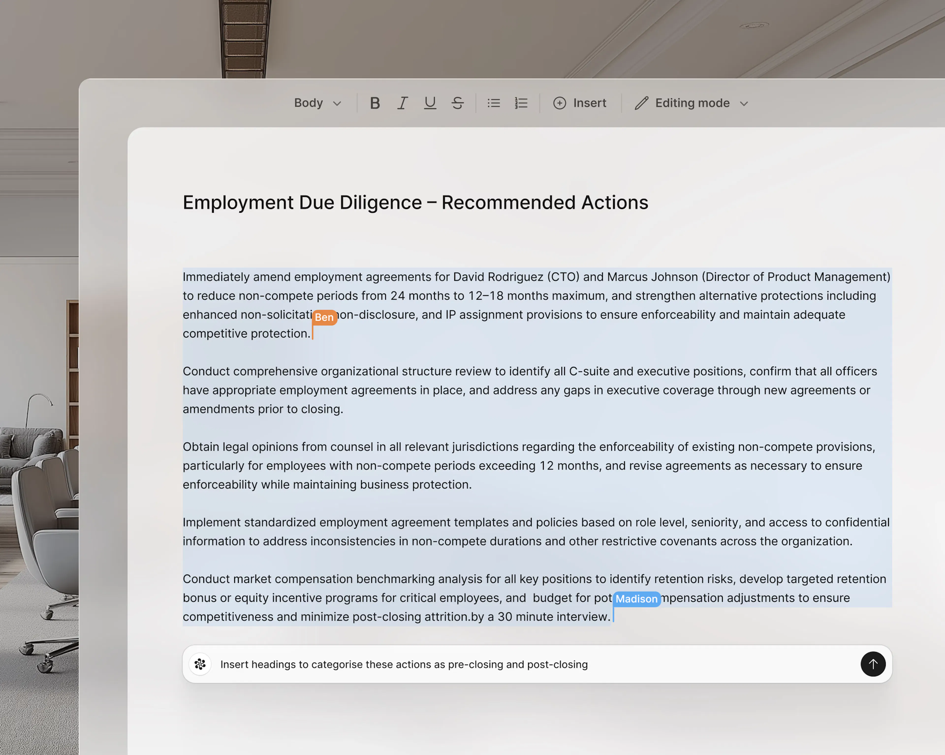 Legora's Editor drafting a document titled "Employment Due Diligence – Recommended Actions", with the generated recommendations selected, two named collaborators' cursors in the text, and a prompt bar asking it to insert pre-closing and post-closing headings