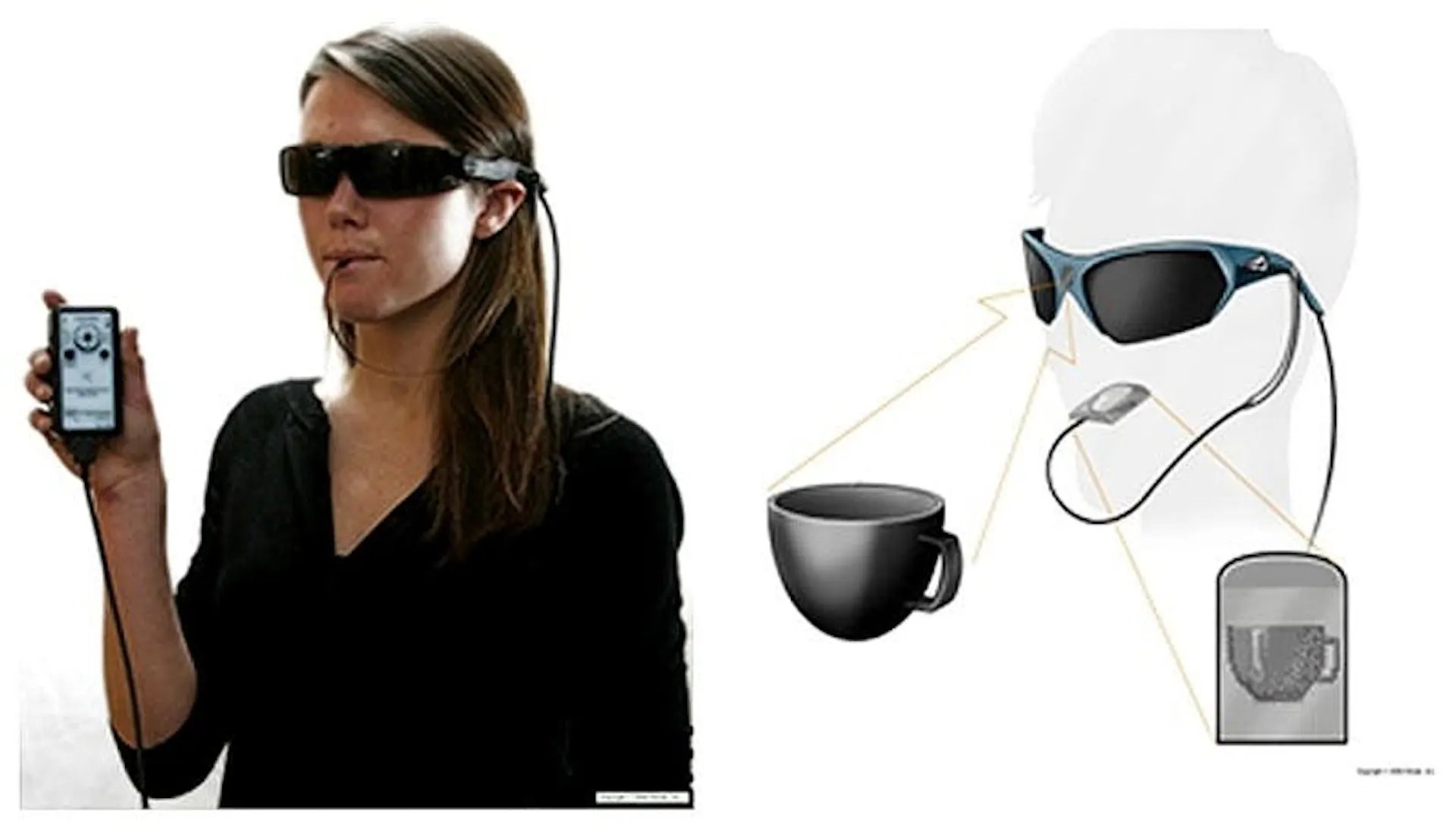 Photograph of a woman using a camera-equipped sensory substitution device, beside a diagram showing images routed to an electrode array