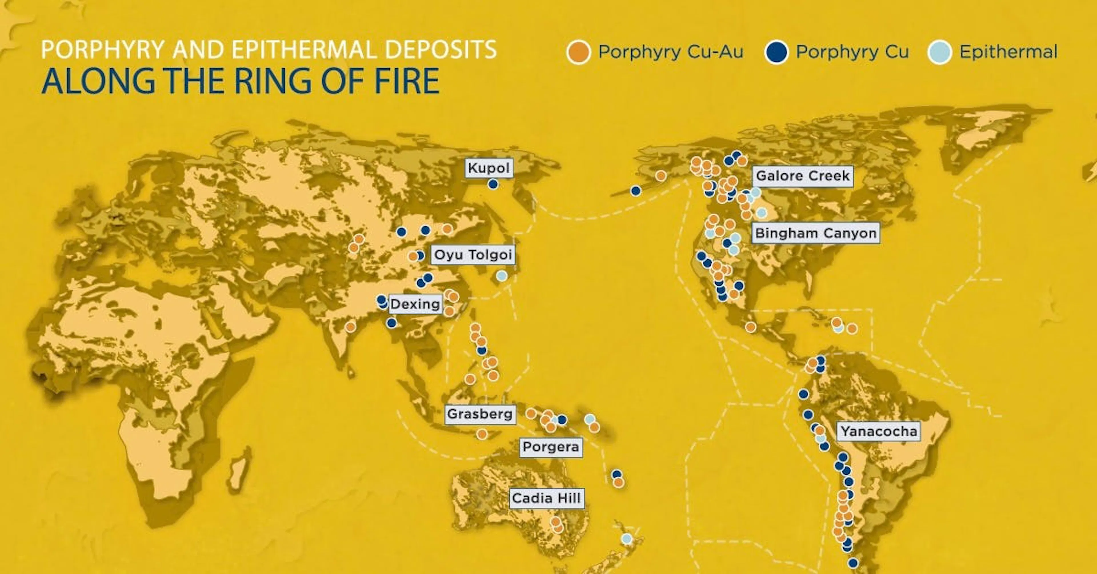 World map of porphyry and epithermal deposits clustered along the Pacific Ring of Fire
