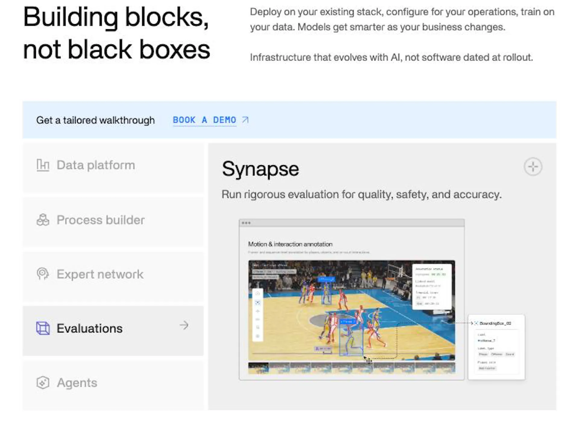 Invisible's Synapse evaluation surface, shown on the homepage platform section, with a sample motion and interaction annotation screen tagging players in basketball footage with bounding boxes and labels.