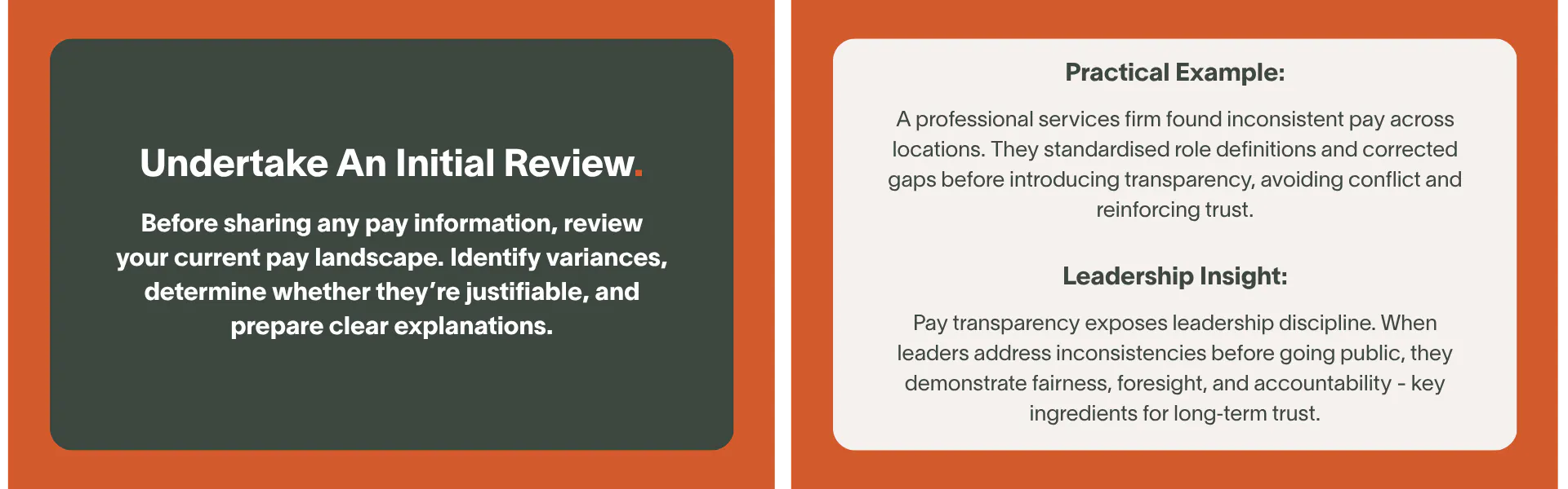 Before sharing any pay information, review your current pay landscape. Identify variances, determine whether they’re justifiable, and prepare clear explanations.