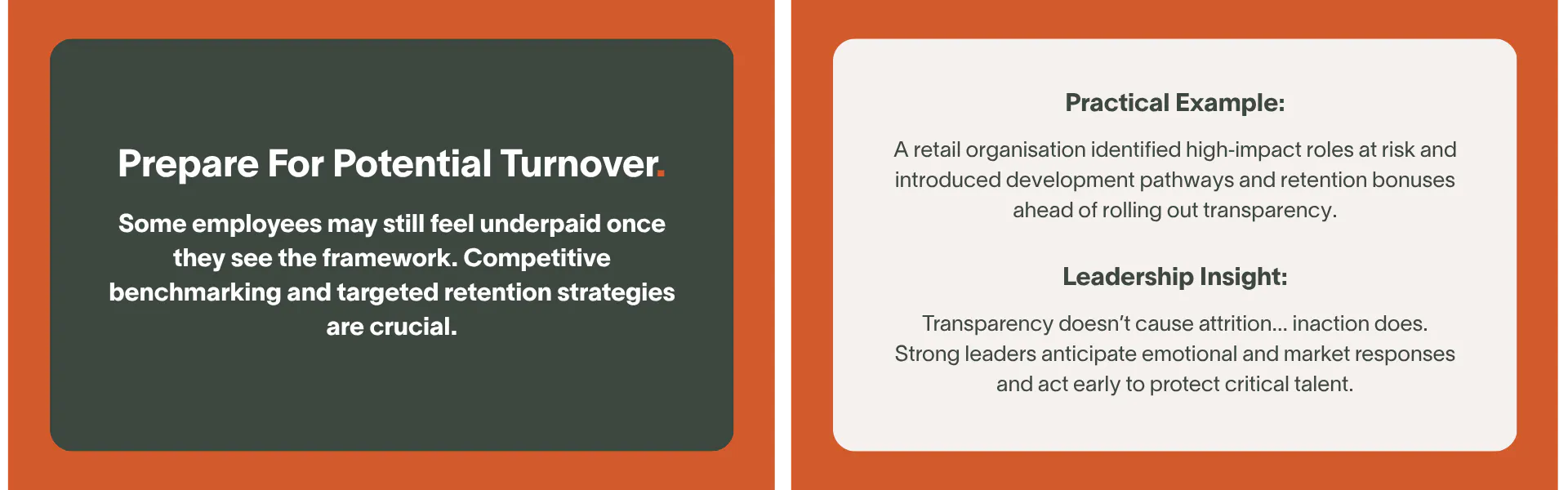Some employees may still feel underpaid once they see the framework. Competitive benchmarking and targeted retention strategies are crucial.