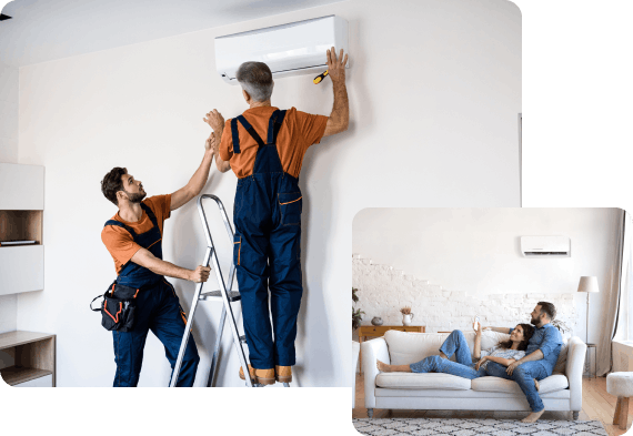Equipo de instaladores de aire acondicionado y familia disfrutando del aire acondicionado