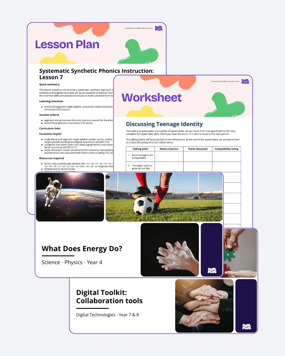 An example of CoolPlus worksheets, lesson plans and other resources shown on a grey background.