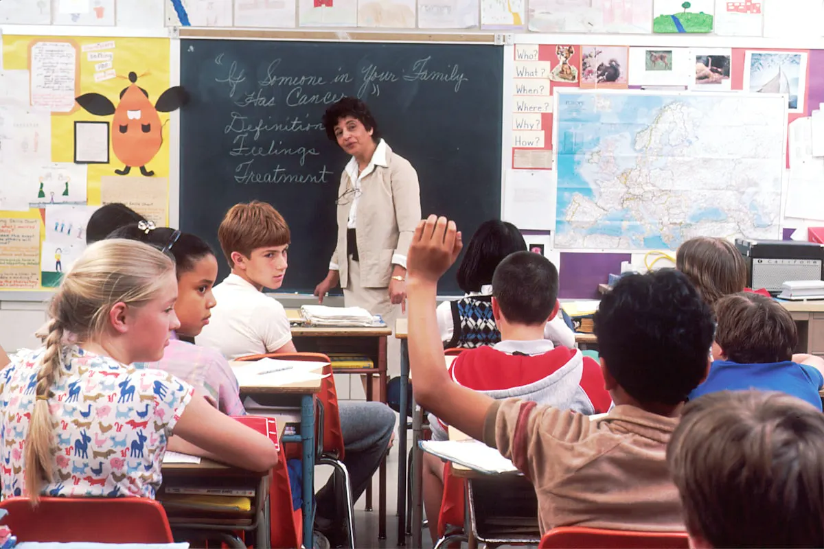 Teacher working with students in a classroom