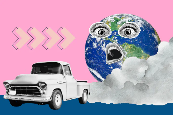 graphic of a car driving away from a graphic of planet Earth with eyes on it