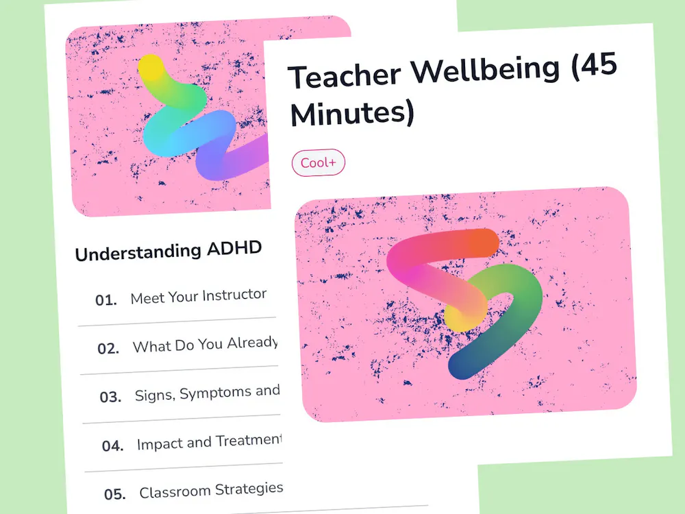examples of the teacher wellbeing course modules shown on a green background