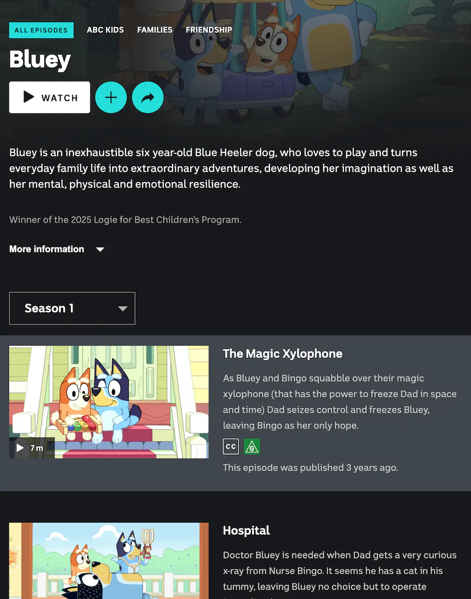 A screenshot of a browser with ABC iview open and blue episodes showing in a list