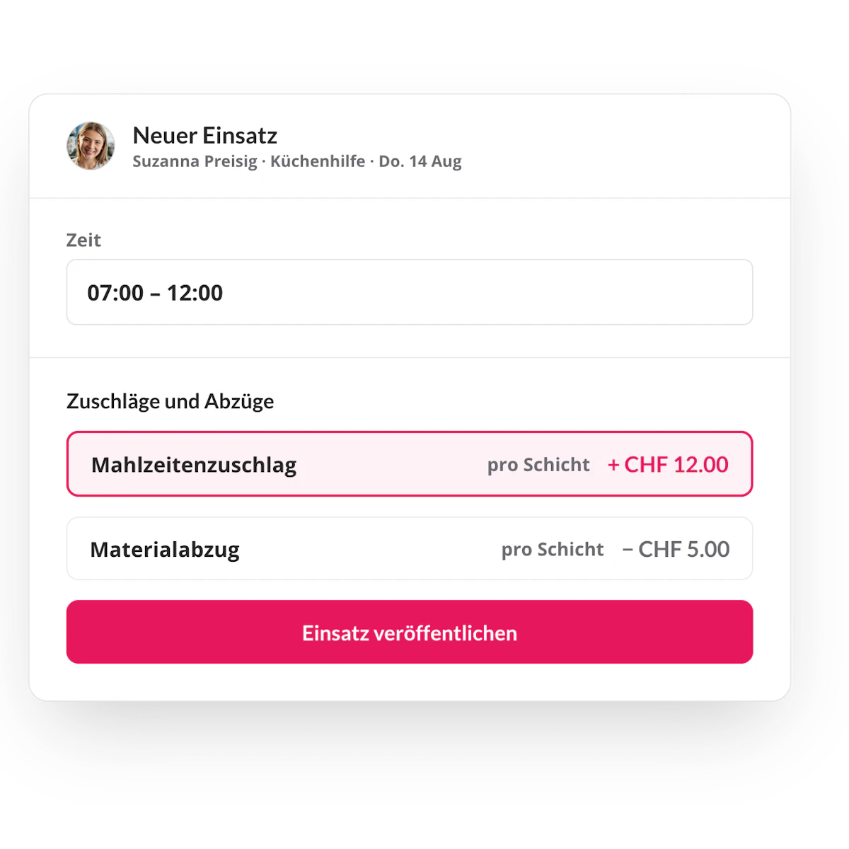 Ausgabenfelder im Formular zum Erstellen einer Schicht