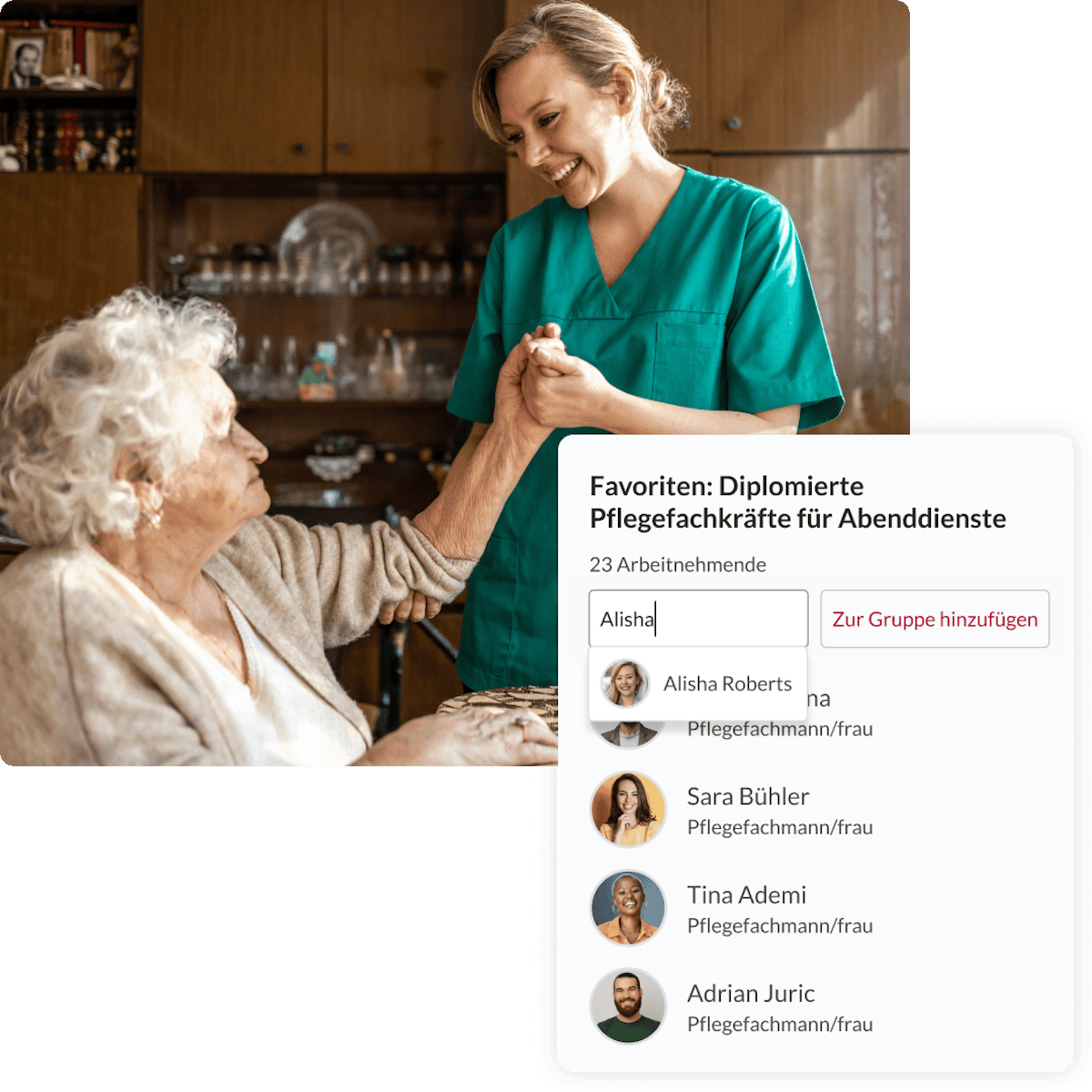Application screen and image of nurse working with elderly patient