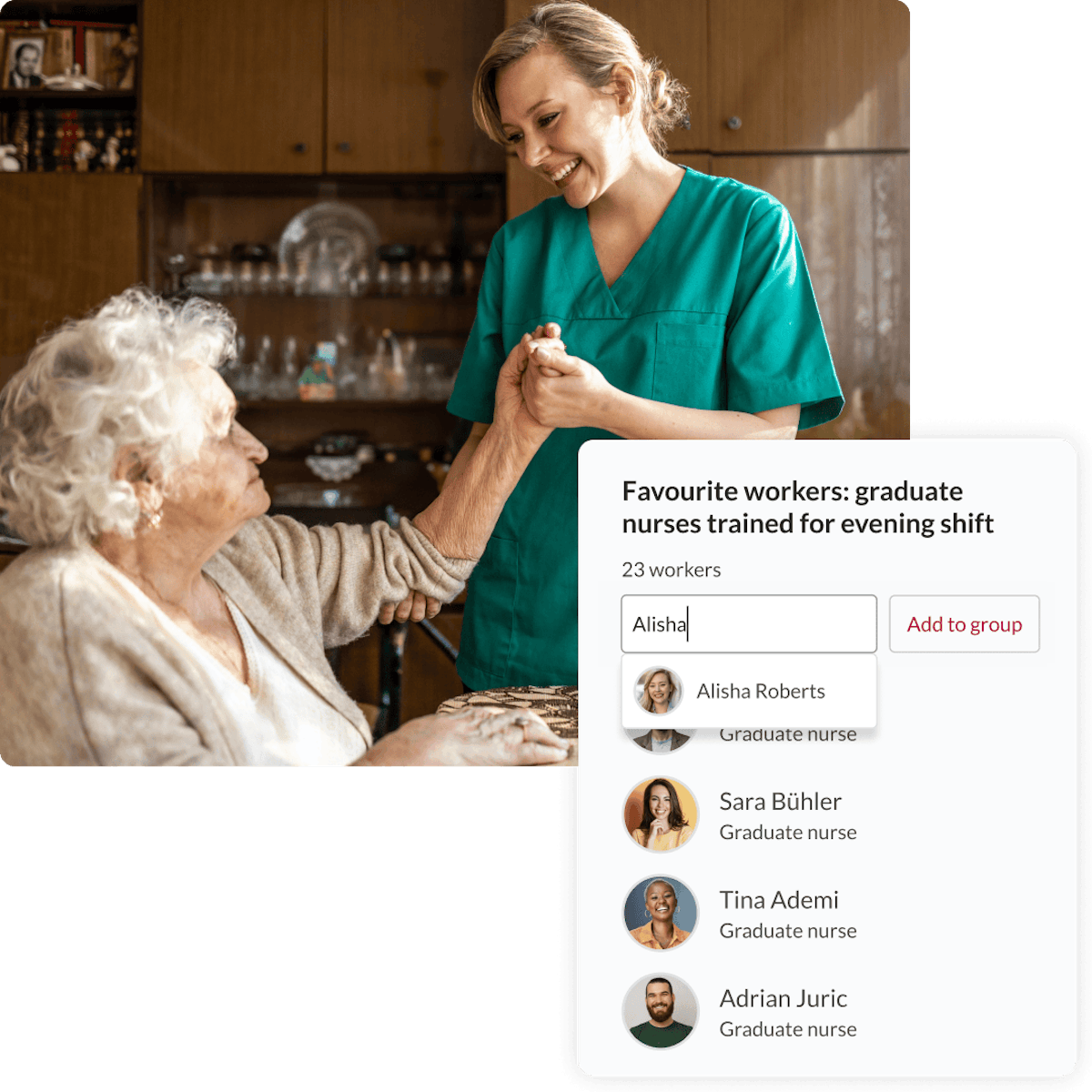 Application screen and image of nurse working with elderly patient