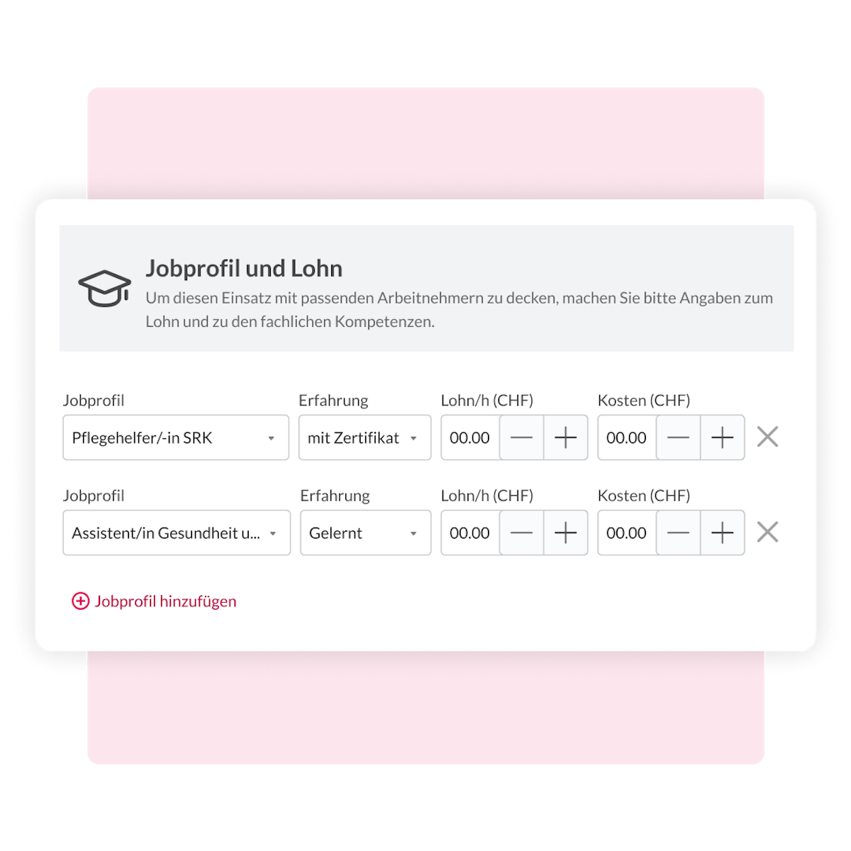 View of platform interface where job profiles and salary can be chosen