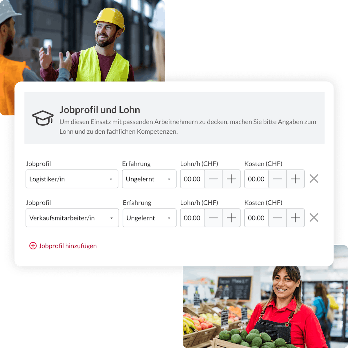 Interface showing job profile and salary settings with photos of a logistics worker and a supermarket employee