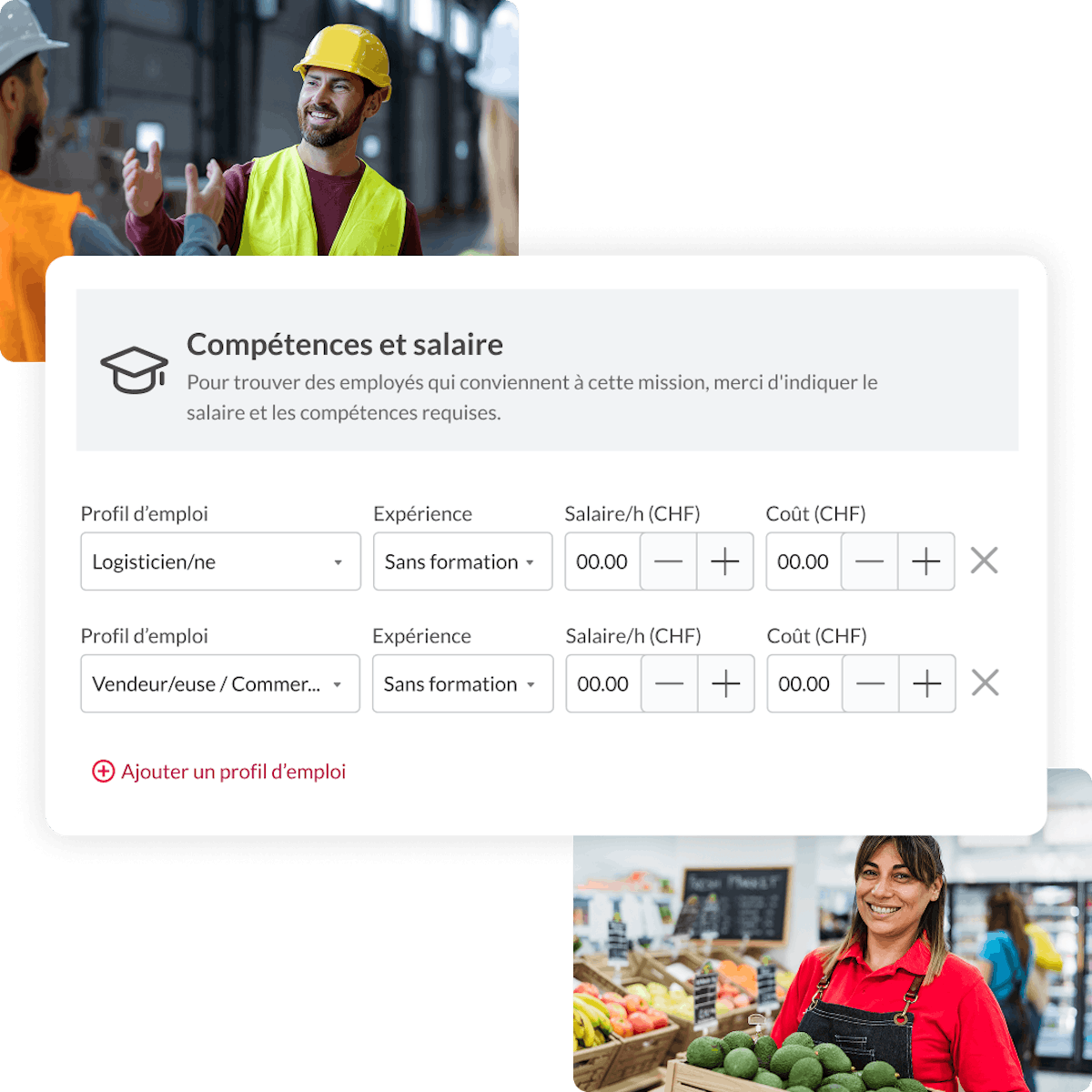 Interface showing job profile and salary settings with photos of a logistics worker and a supermarket employee