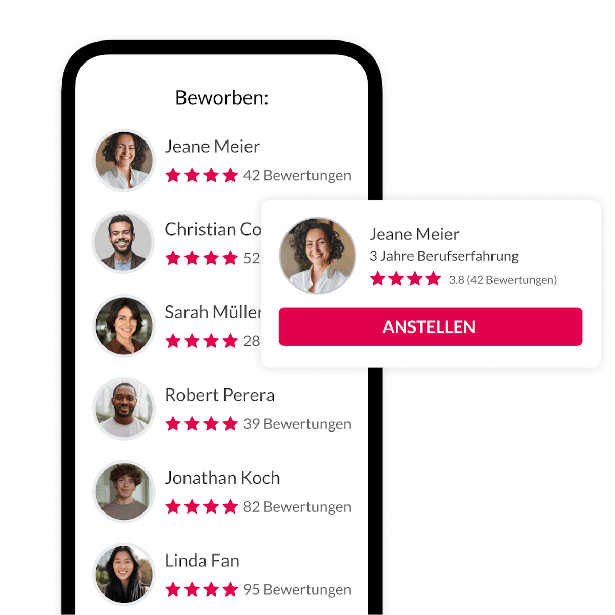App interface showing list of applicants with one applicant profile open in the foreground