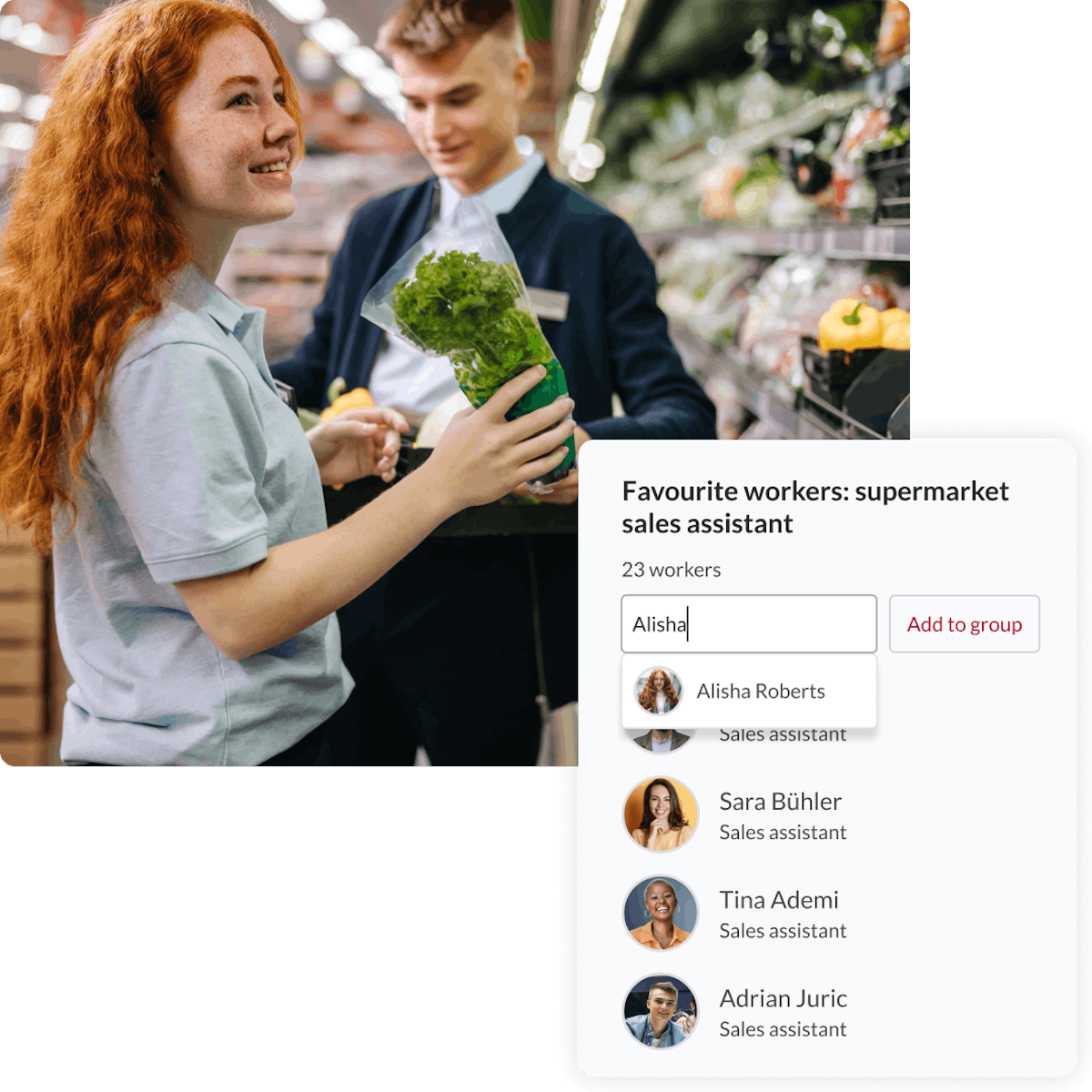 A photo of a woman and man working together in a grocery store overlaid with an app interface screen showing a list of favourite workers