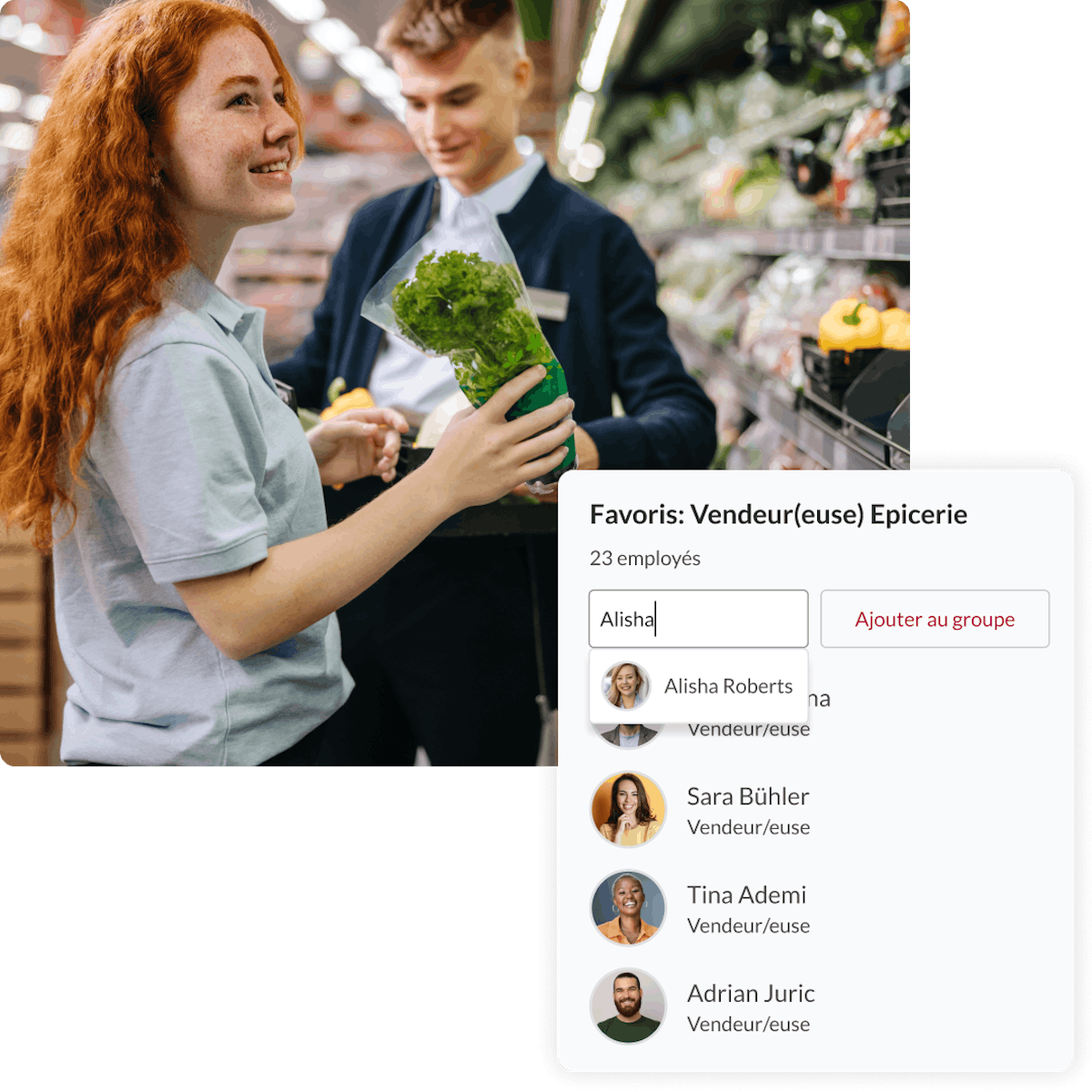A photo of a woman and man working together in a grocery store overlaid with an app interface screen showing a list of favourite workers