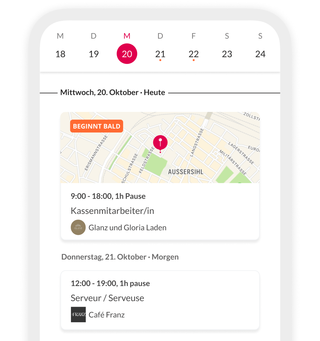 app interface showing job schedule