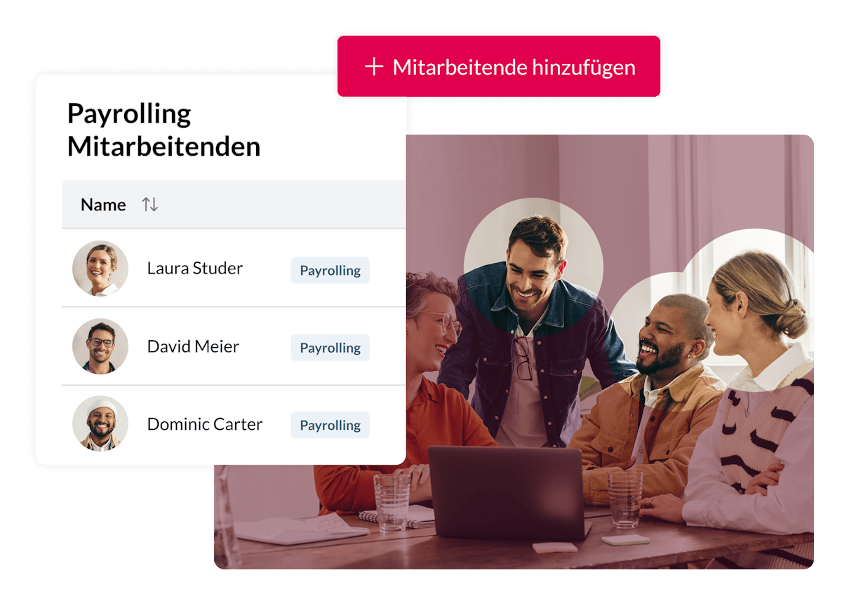 team of employees and overlay of platform interface showing list of payrolling employees