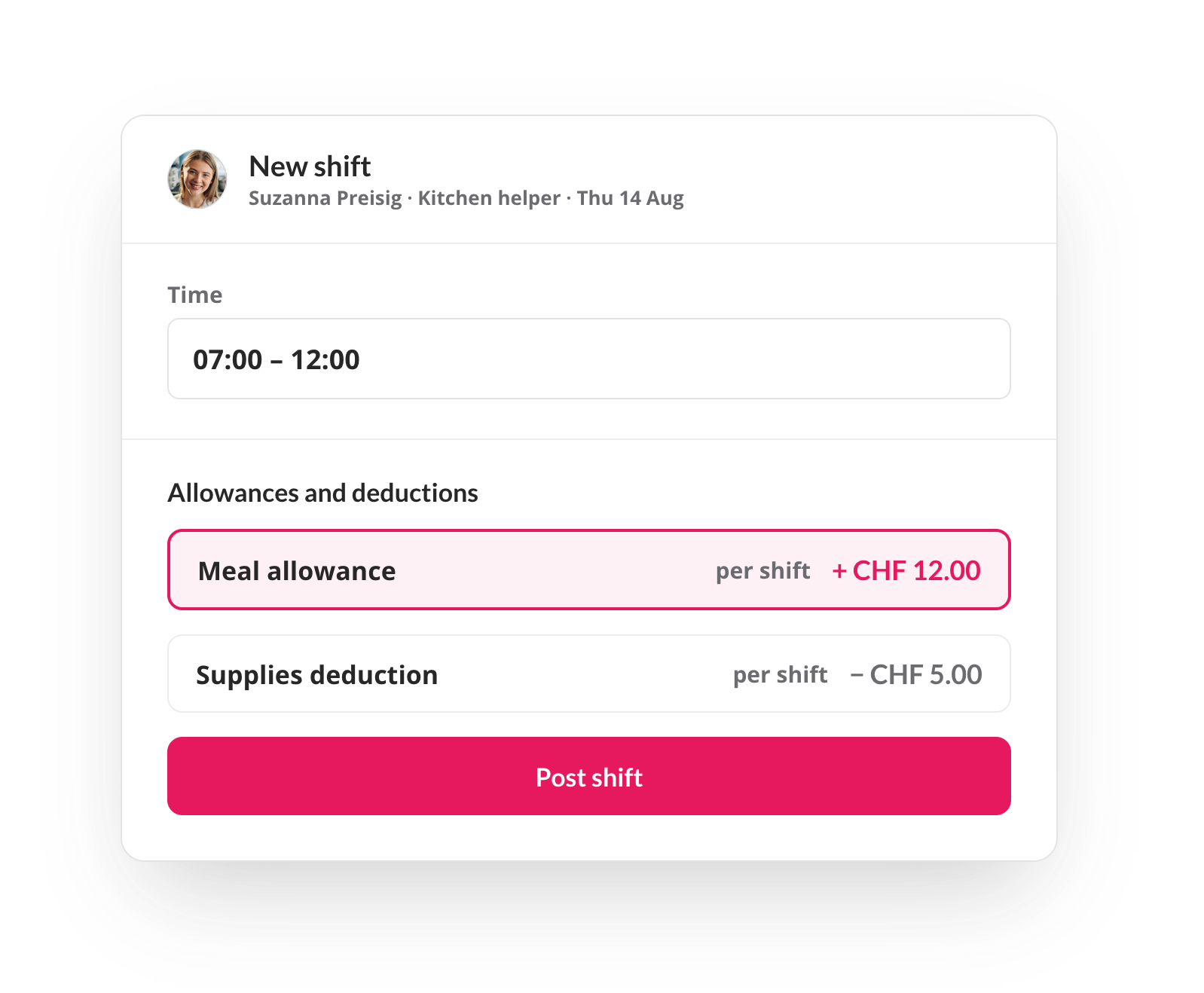 Expense fields shown in the shift creation form