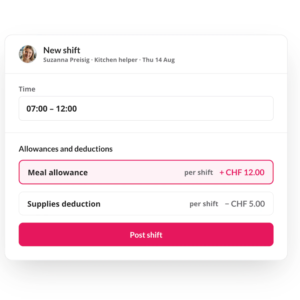 Expense fields shown in the shift creation form