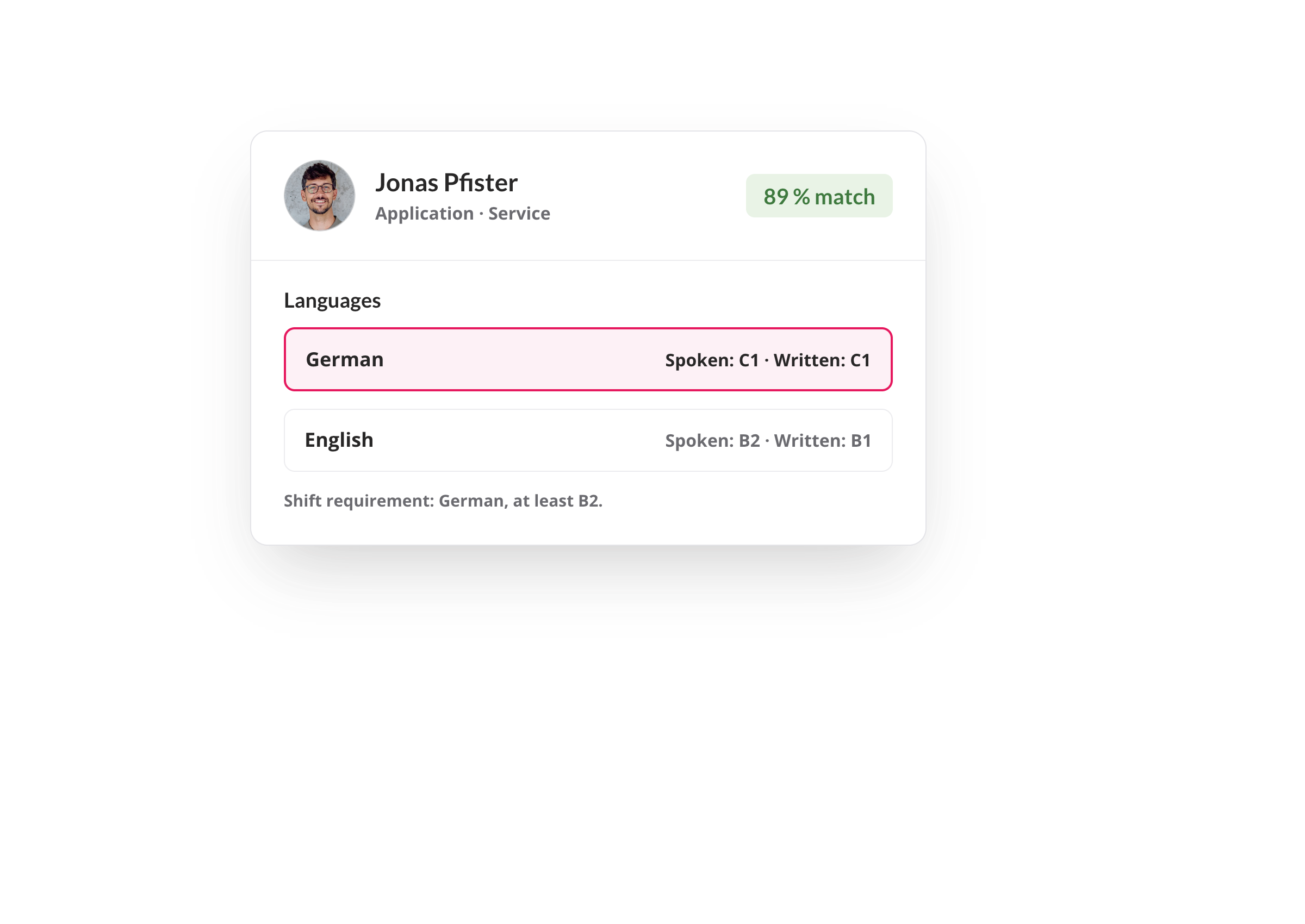 Candidate profile showing language requirements and proficiency