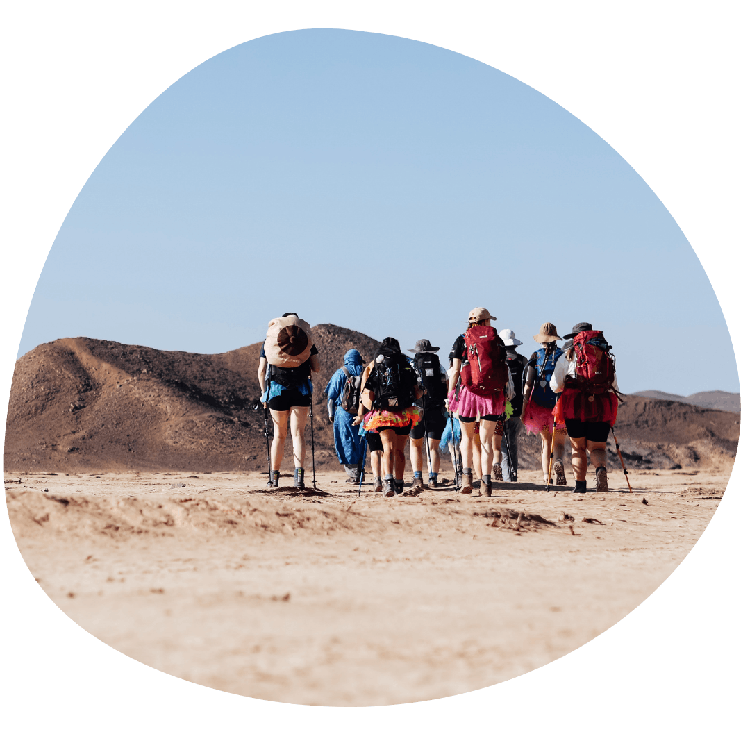 Distant photo from behind Sahara trekkers in the desert