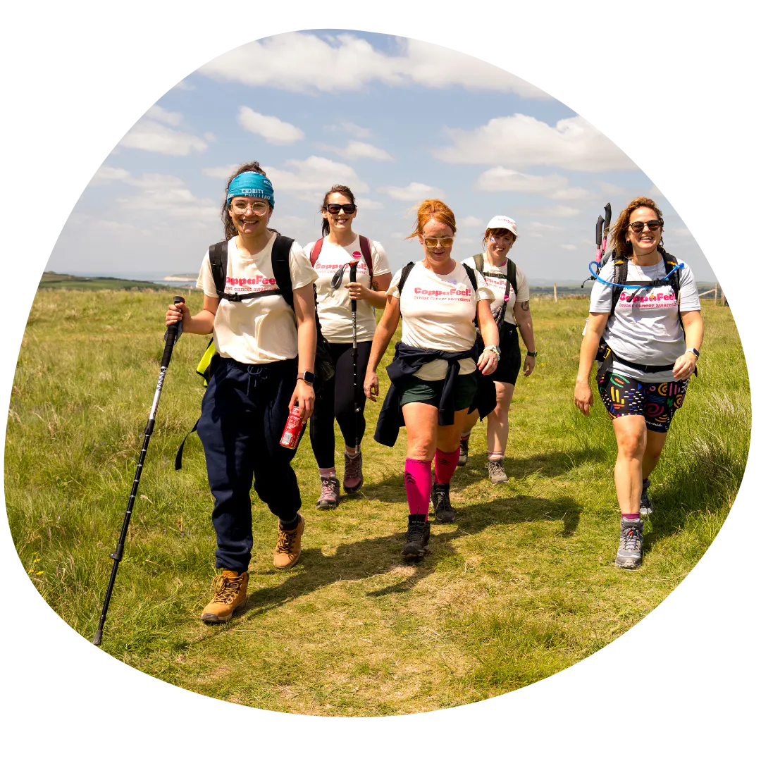 Group of happy trekkers in a pretty countryside landscape.