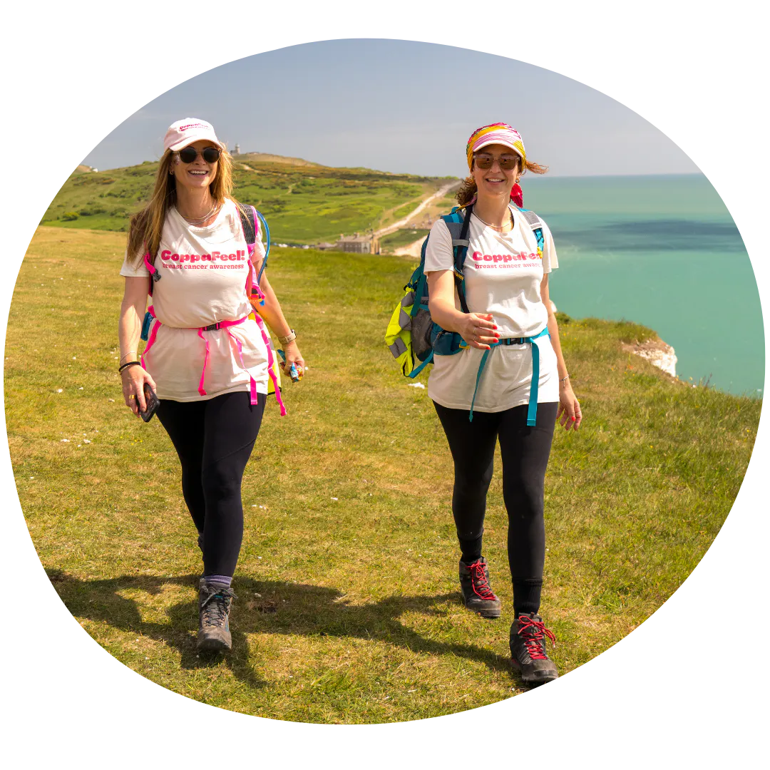 Trekkers in a vast green landscape.