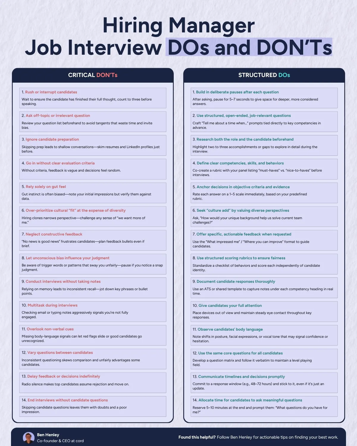 Job Interview DOs and DON'Ts for Hiring Managers - cord