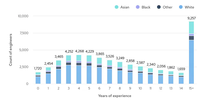 Graph showing ethnic background of engineers by number of years' experience