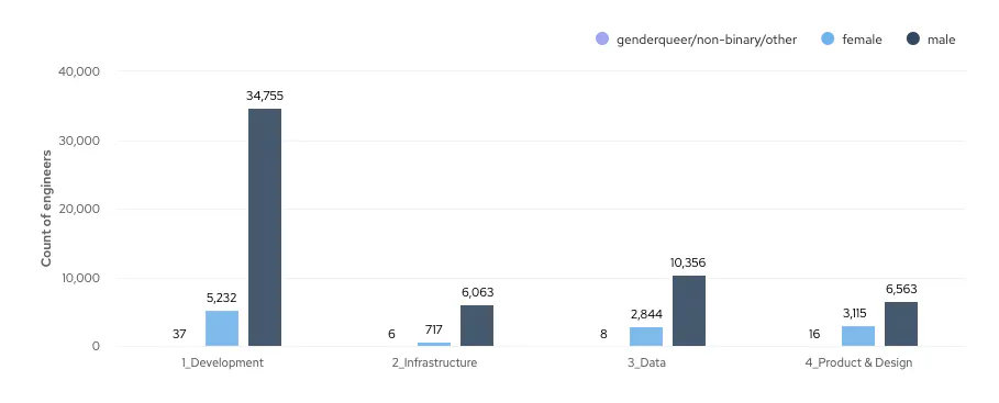 Bar chart showing the numbers of male, female and genderqueer / non-binary engineers in Development, Infrastructure, Data and Product & Design
