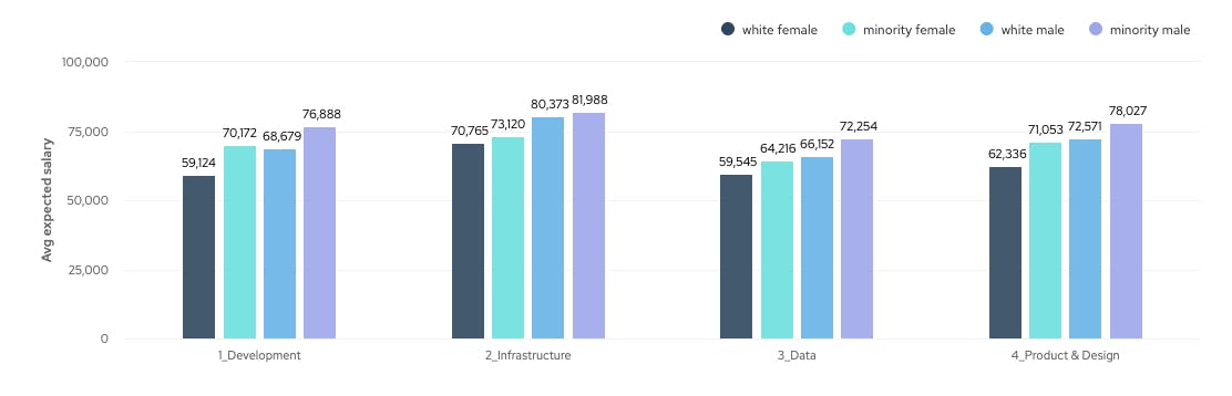 Graph showing average salaries of white females, minority females, white males and minority males by function