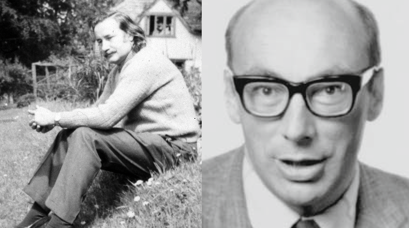 Two black and white images next to each other. On the left, Christopher Strachey sits in a garden with a house or cottage in the background. On the right, a close-up of the face of Peter Landin.