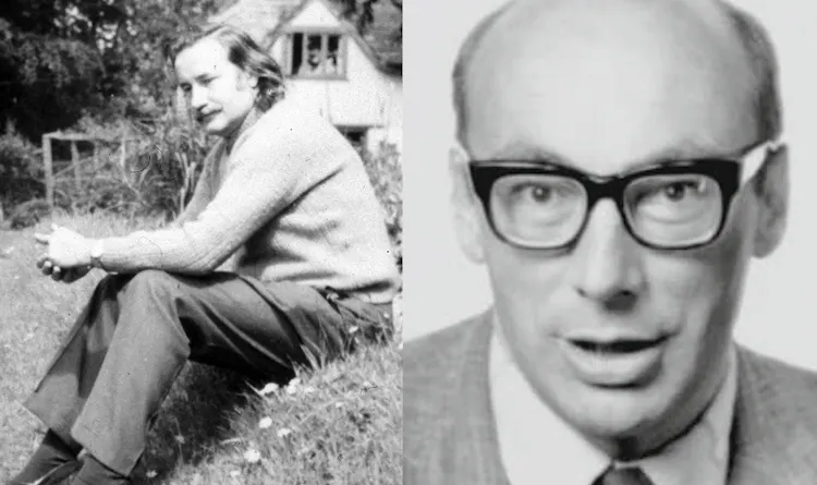 Two black and white images next to each other. On the left, Christopher Strachey sits in a garden with a house or cottage in the background. On the right, a close-up of the face of Peter Landin.