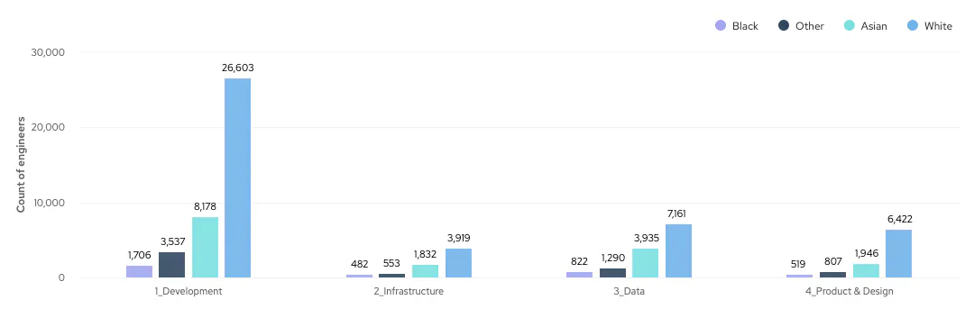 Bar chart showing numbers of engineers of different ethnic groups in Development, Infrastructure, Data and Product & Design
